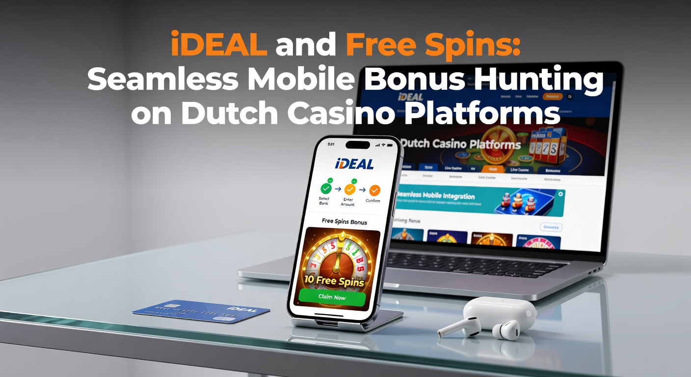 Smartphone met iDEAL-betaling en draaiende gratis spins op een Nederlands casino-platform, symboliserend snelle mobiele bonusactie
