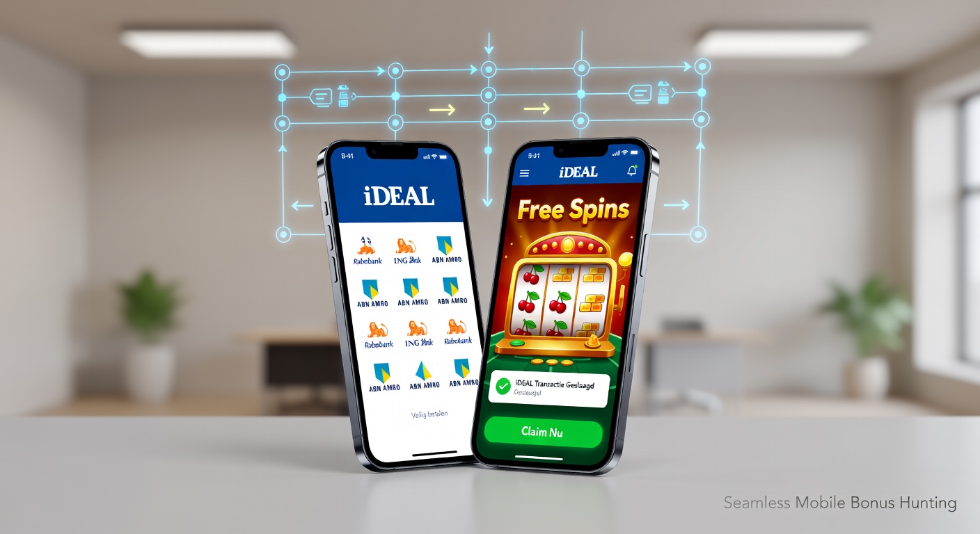 Mobiel scherm met iDEAL-bevestiging en actieve free spins op een populair Nederlands online casino, illustrerend bonusjacht in actie