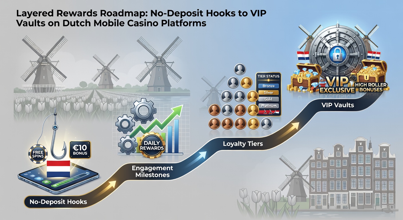 Smartphone met mobiel casino-app die layered rewards toont, inclusief no-deposit bonuses en VIP-niveaus op Nederlandse platforms