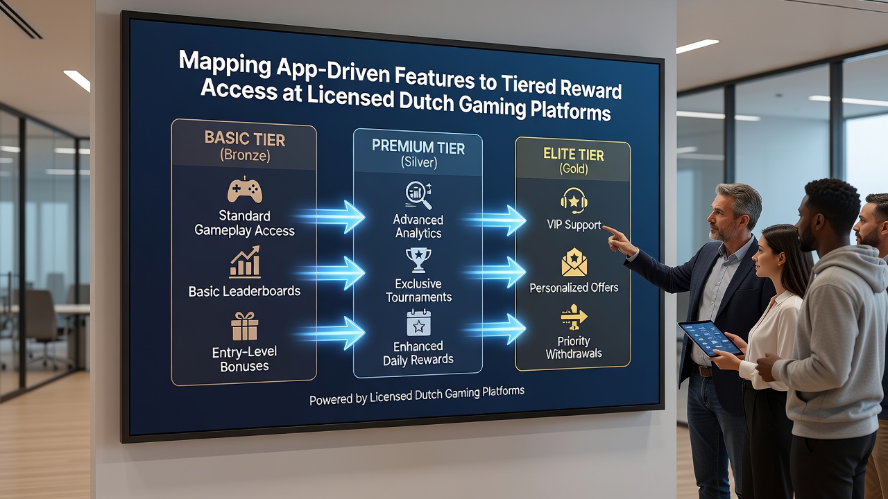 Grafische weergave van tiered reward niveaus gekoppeld aan app activiteit op een Nederlands gaming platform