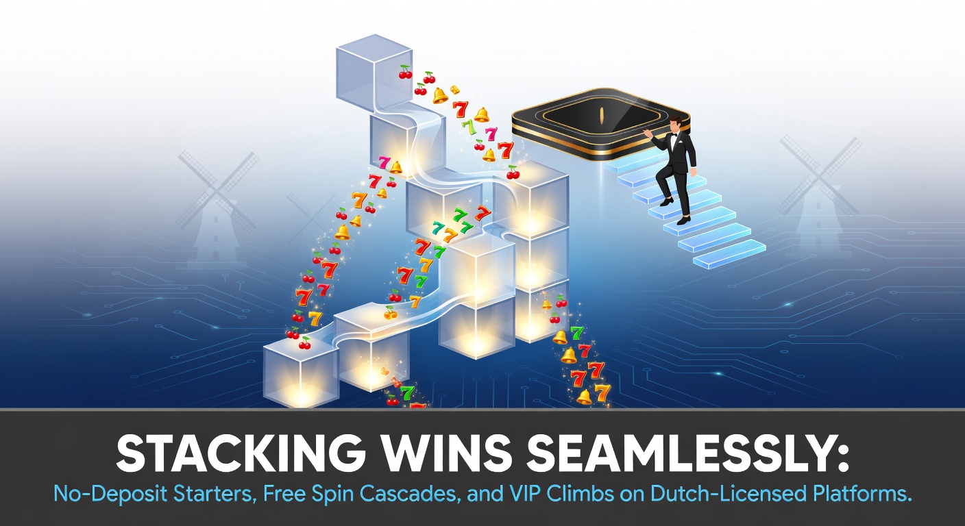 Speler die virtuele fiches stapelt op een Nederlands online casino platform met no-deposit bonus en spin-iconen